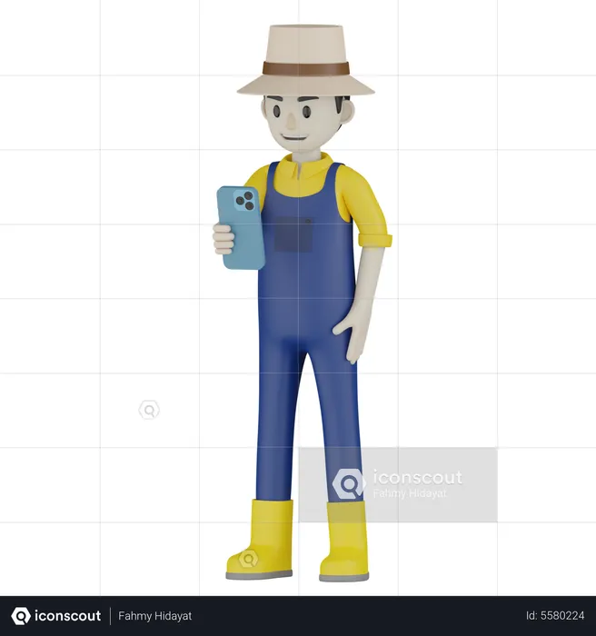 Farmer Watching Mobile  3D Illustration