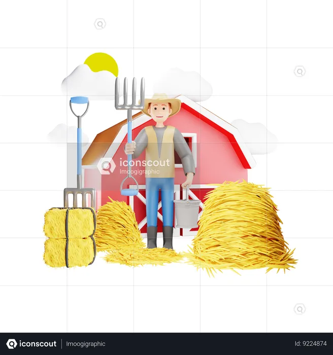 Farmer Weeding Haystack with Farming Fork  3D Illustration