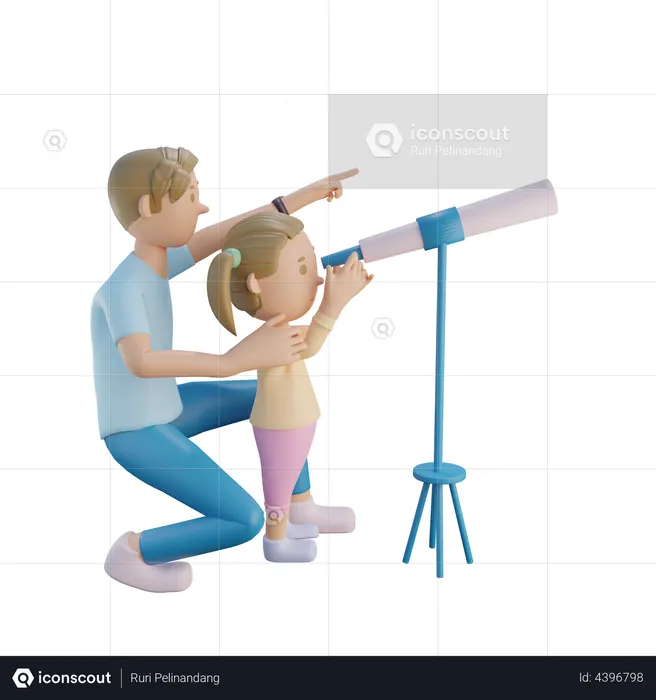 Father and daughter using telescope  3D Illustration