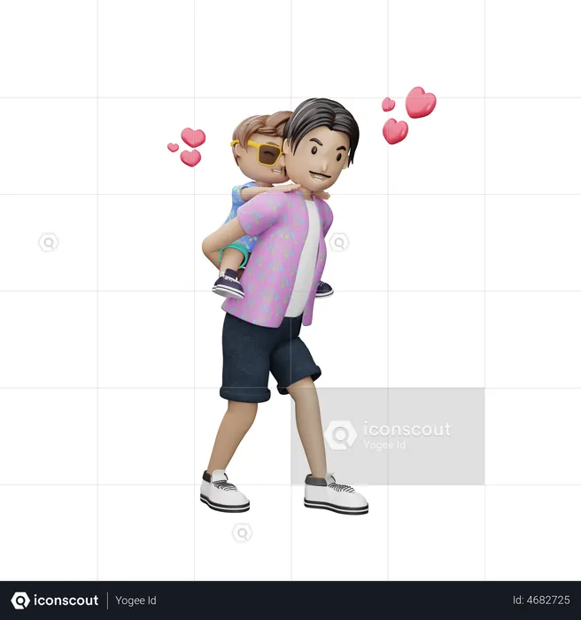 Father holding son on back  3D Illustration