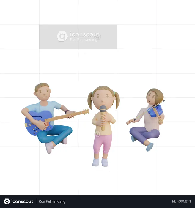 Father mom and daughter sing and playing music  3D Illustration