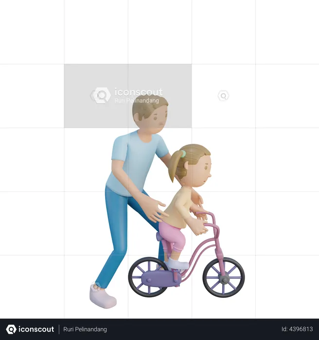Father teaching cycling to daughter  3D Illustration