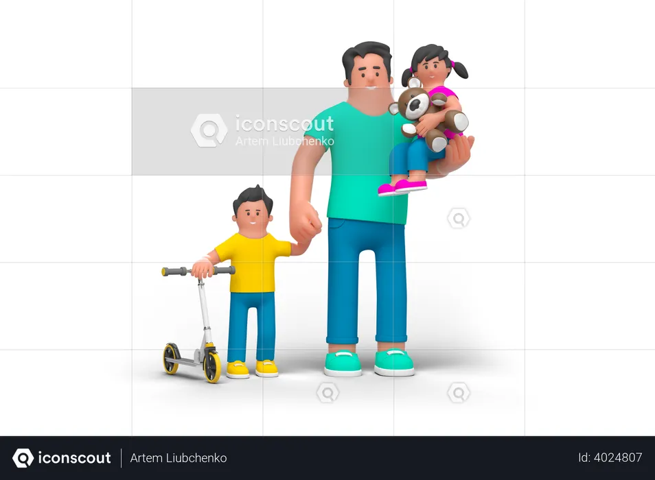 Father Walking with Kids  3D Illustration