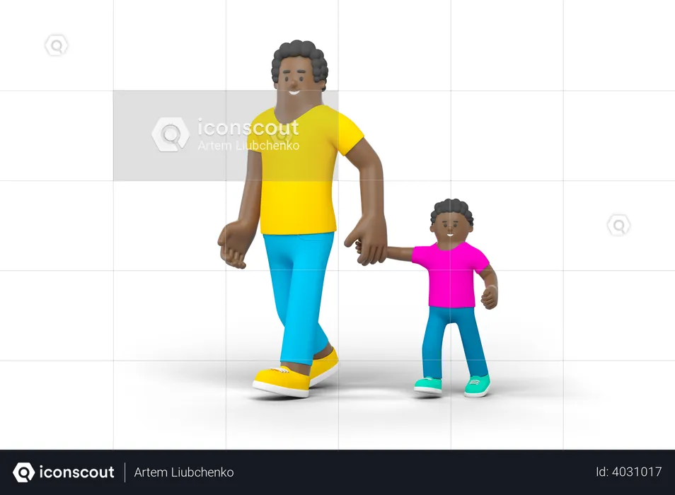 Father Walking with Son  3D Illustration