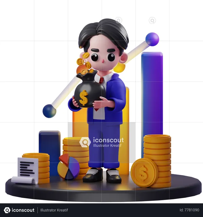 Feliz asesor financiero sosteniendo bolsa de dinero  3D Illustration