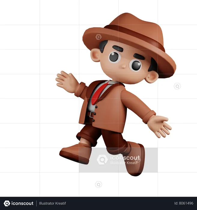 Feliz detective saltando  3D Illustration