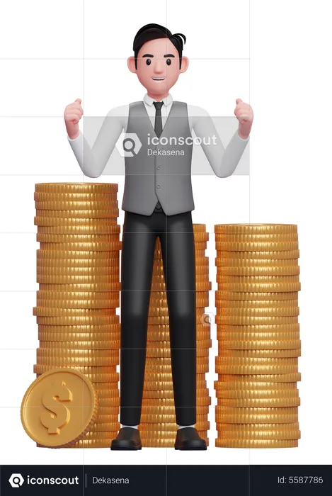 Feliz hombre de negocios con chaleco gris recibiendo muchos montones de monedas de oro  3D Illustration