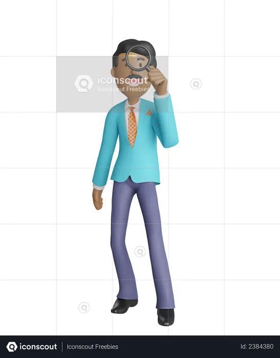 Feliz empresario mirando a través de una lupa  3D Illustration