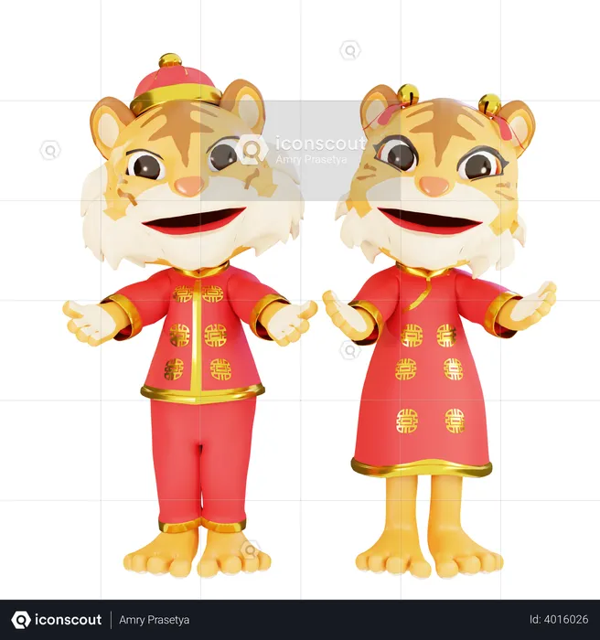 Female and male tiger Welcoming  3D Illustration