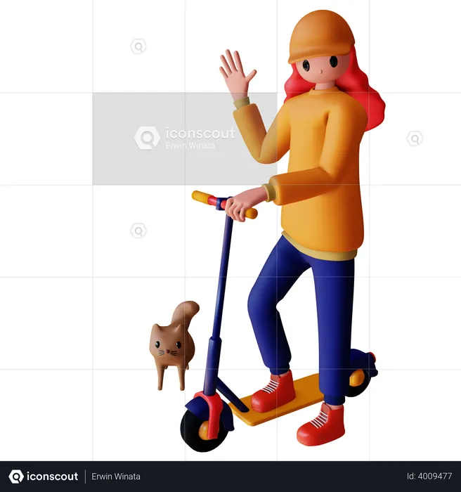 Female character riding electric scooter with cat  3D Illustration