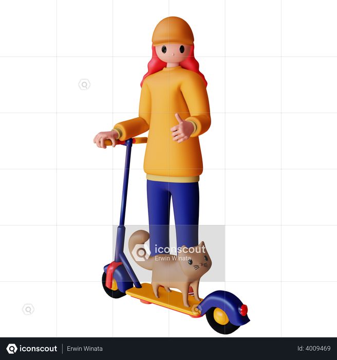 Female character riding electric scooter with cat 3D Illustration