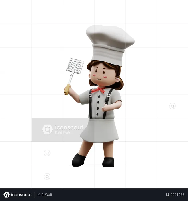 Female Chef Holding Grill  3D Illustration