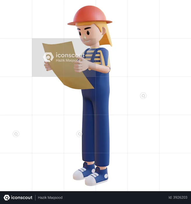 Female Construction worker watching at building map  3D Illustration