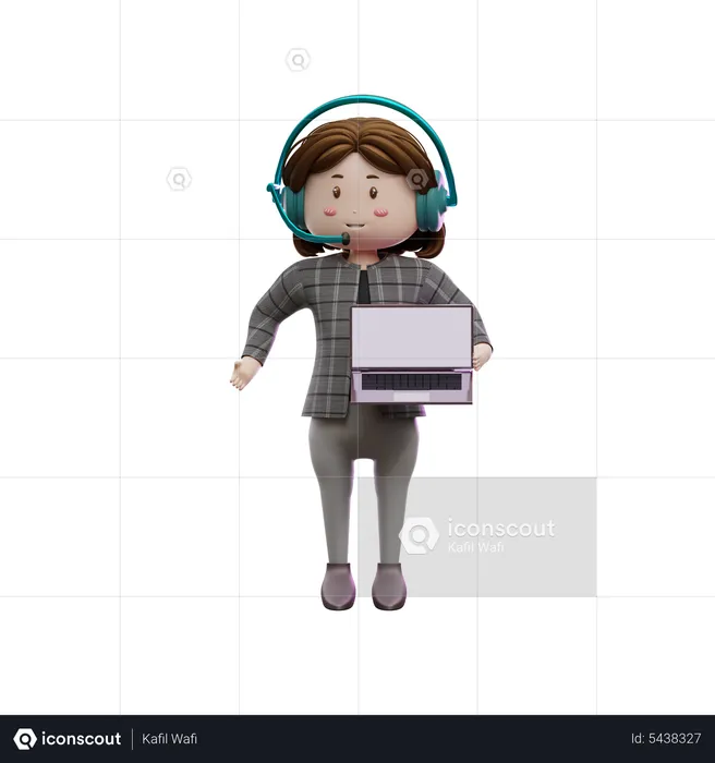 Female customer care executive hold laptop  3D Illustration