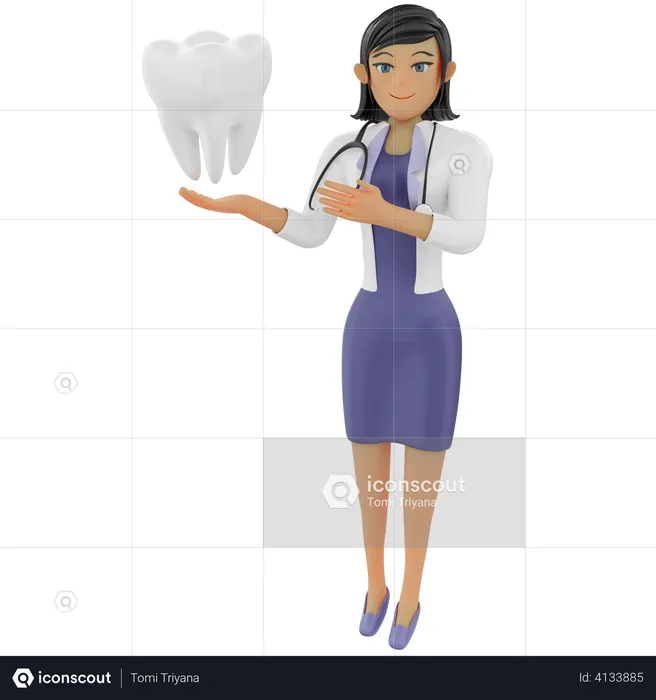 Female dentist showing healthy tooth  3D Illustration