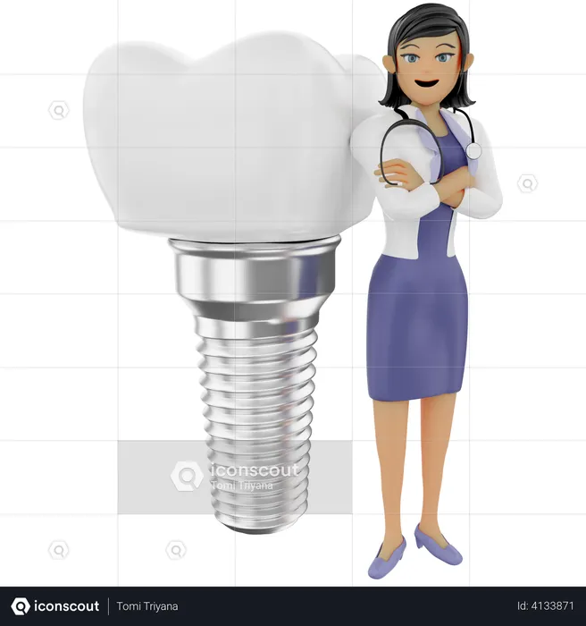Female dentist showing tooth implant  3D Illustration