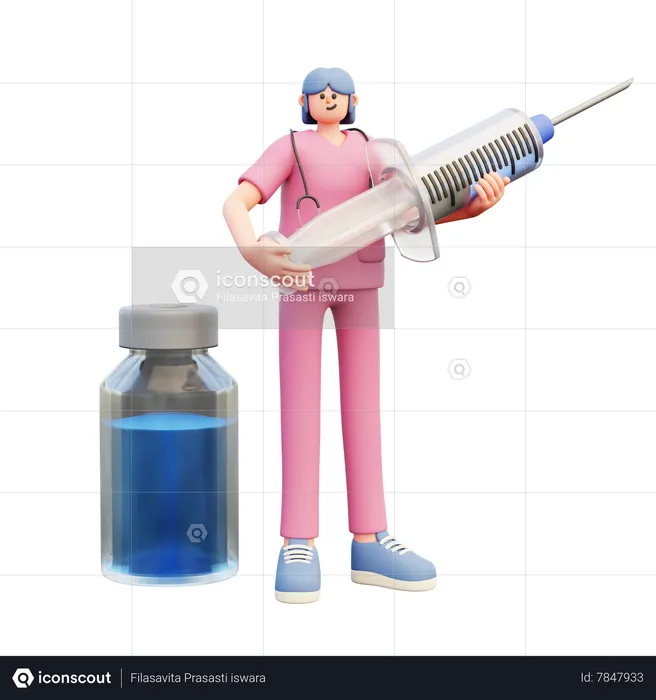 Female Doctor Holding Big Syringe  3D Illustration