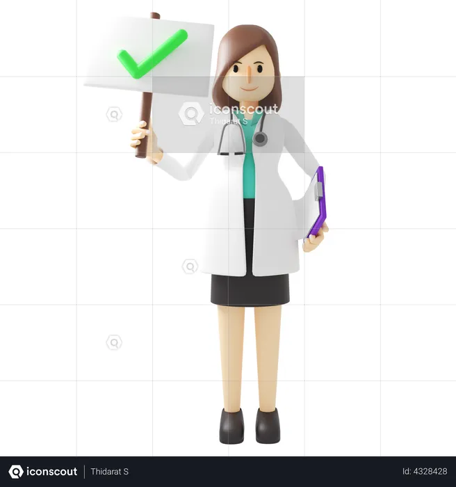 Female doctor holding correct mark board  3D Illustration