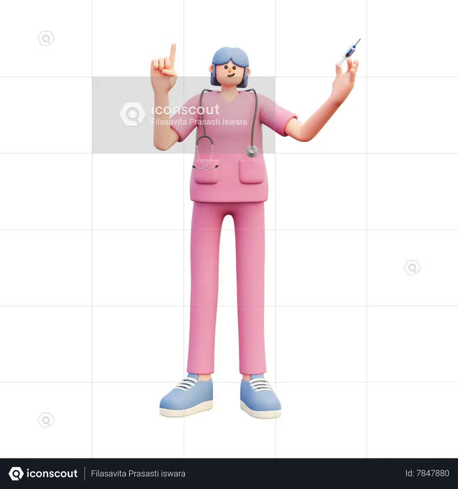 Female Doctor Holding Srynge Pointing Up  3D Illustration