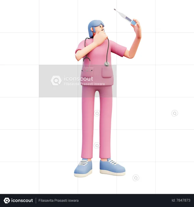 Female Doctor Looking At Thermometer Deep Thinking  3D Illustration