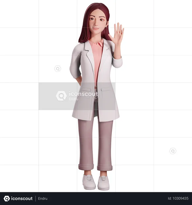 女性医師が左手を上げて挨拶または「こんにちは」と言う。  3D Illustration