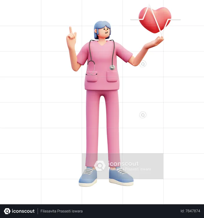 Female Doctor Showing Heartbeat And Pointing Up  3D Illustration