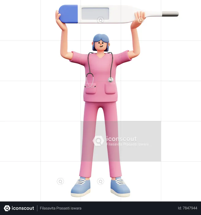 Female Doctor Standing Holding Big Blank Thermometer  3D Illustration