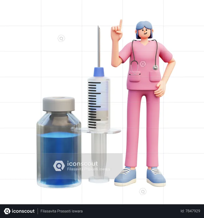 Female Doctor Standing Near Big Syringe  3D Illustration