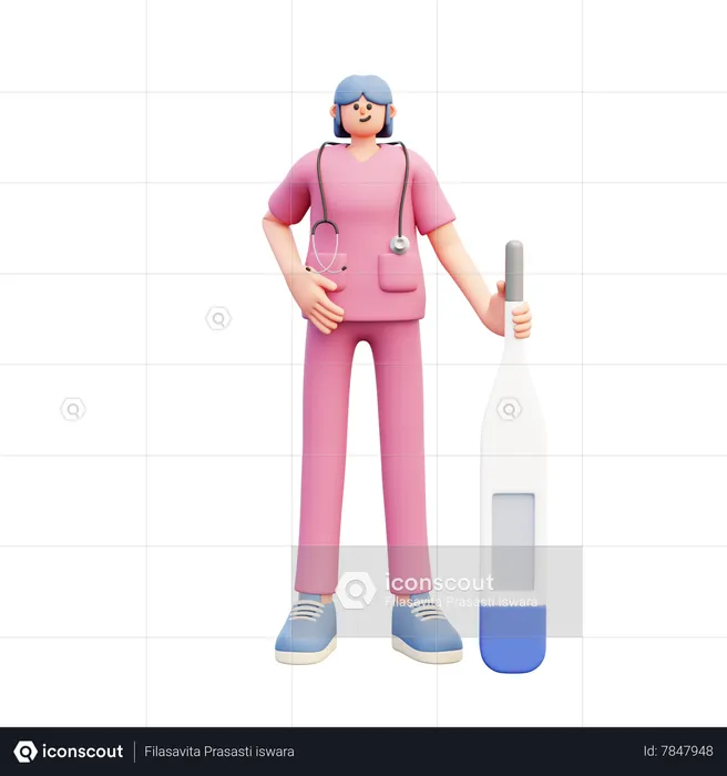 Female Doctor Standing Near Big Thermometer  3D Illustration