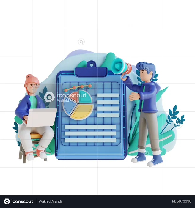 Female employee and young man making marketing report  3D Illustration