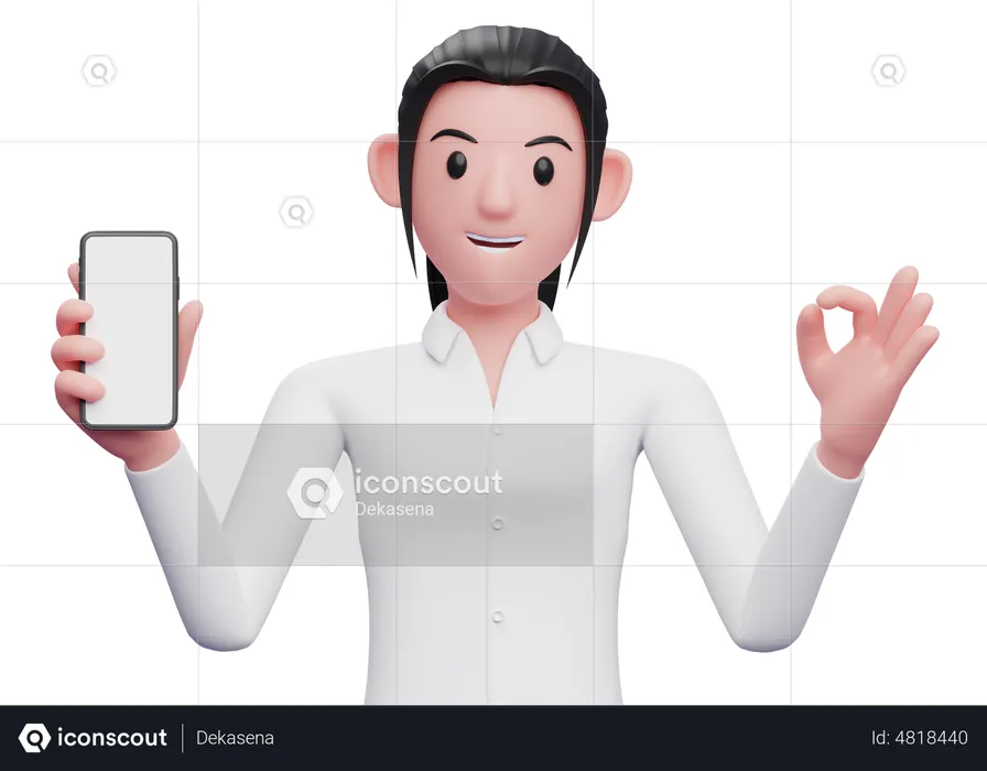 Female employee holding a cell phone while showing ok gesture  3D Illustration