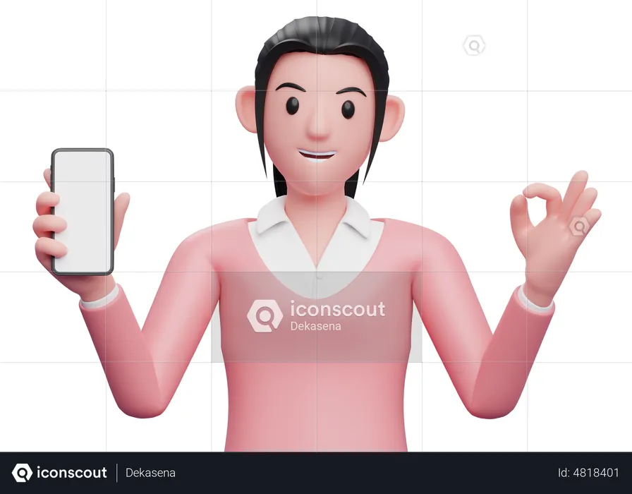 Female employee holding a cell phone while showing ok gesture  3D Illustration