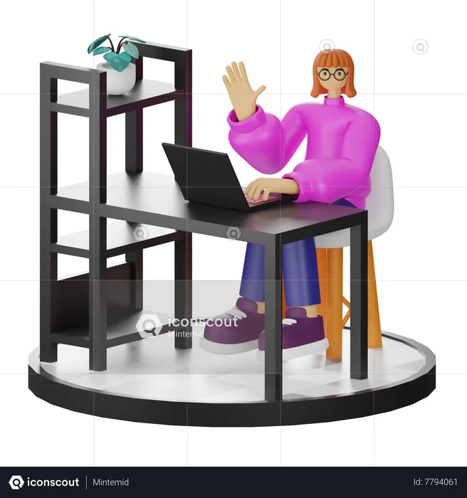 Female employee Saying Hello from Workspace  3D Illustration