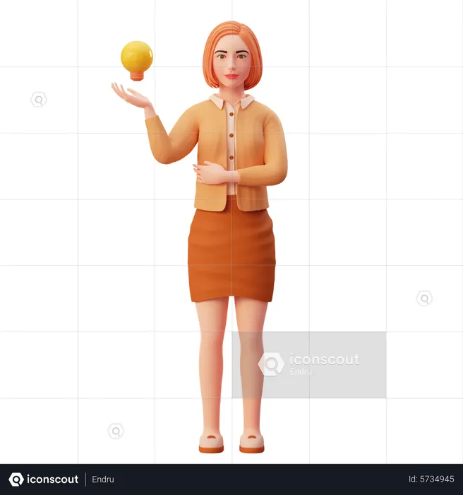 Female employee showing lamp of idea with her right hand  3D Illustration