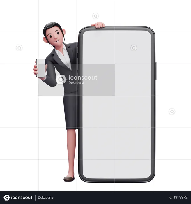 Female employee with phone in hand standing behind big mobile screen  3D Illustration