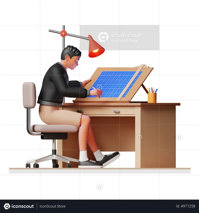 Female engineer working on Blueprint  3D Illustration