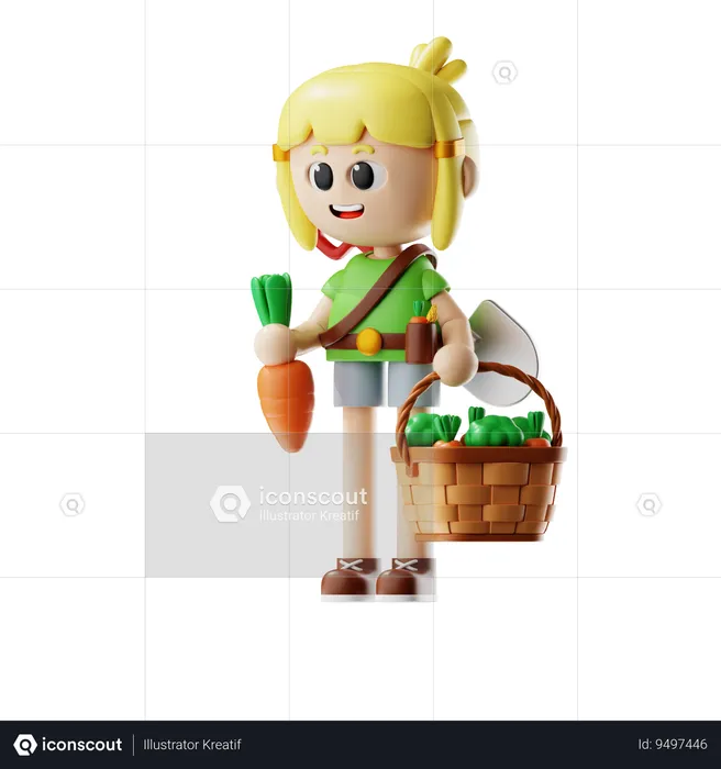 Female Farmer Bring Harvest Basket  3D Illustration