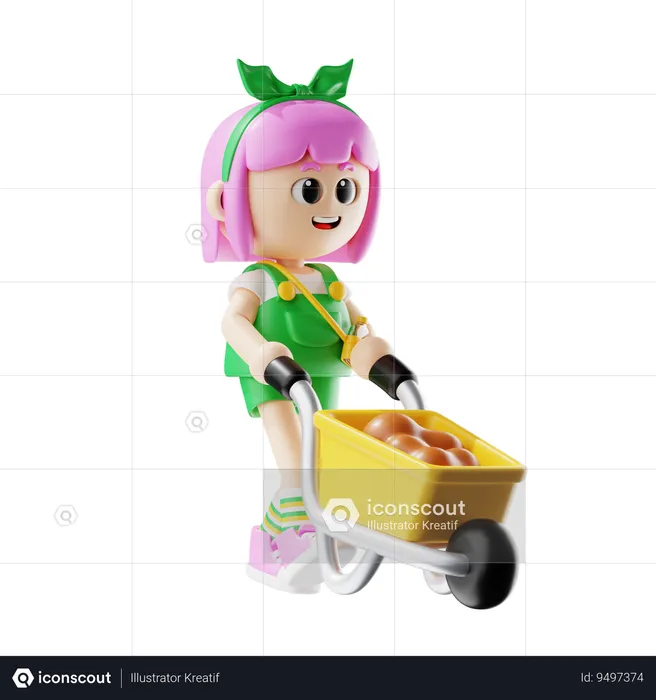 Female Farmer Carrying Soil With Wheelbarrow  3D Illustration