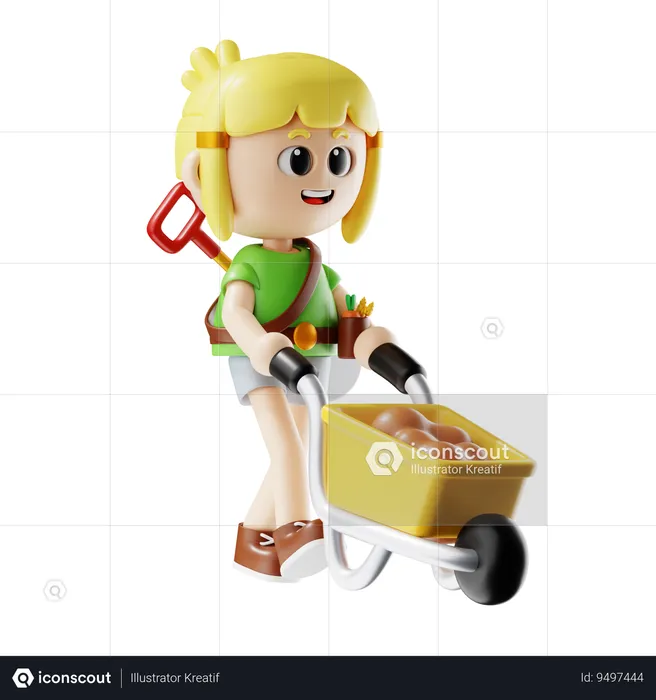 Female Farmer Carrying Soil With Wheelbarrow  3D Illustration