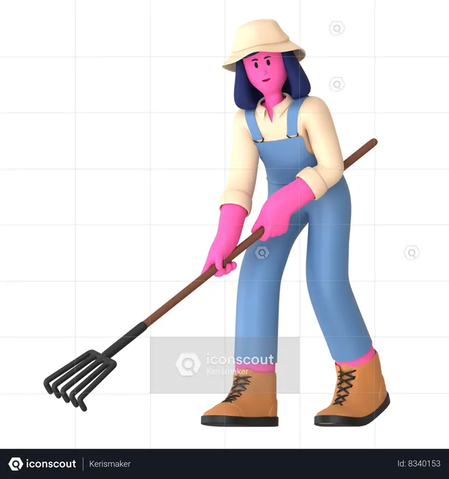 Female farmer digging with Rake  3D Illustration