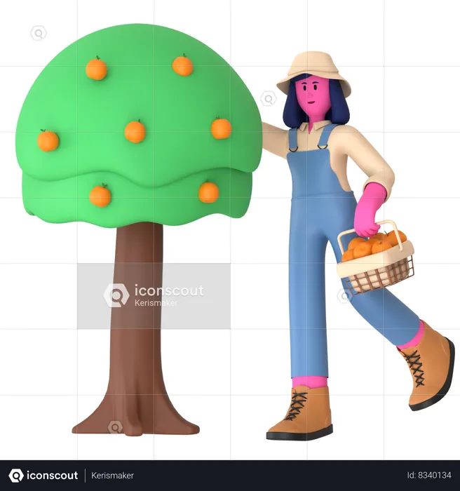 Female Farmer harvesting fruits from Fruit Tree  3D Illustration