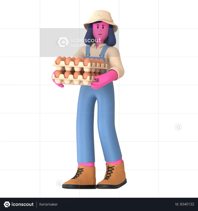 Female Farmer holding Eggs tray  3D Illustration