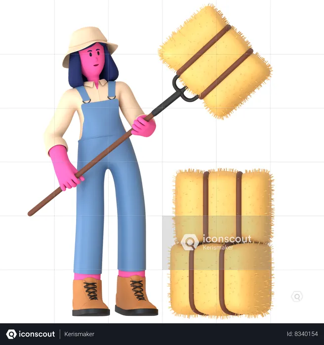 Female farmer holding Hay using rack  3D Illustration