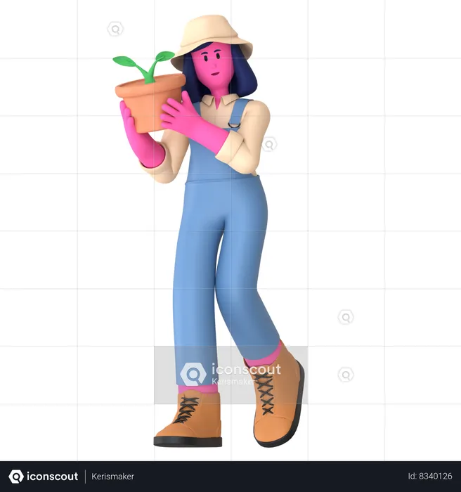 Female farmer holding plant pot  3D Illustration