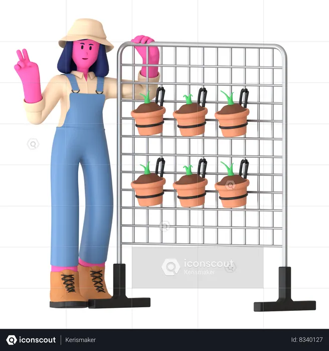 Female farmer standing near Vertical Garden  3D Illustration