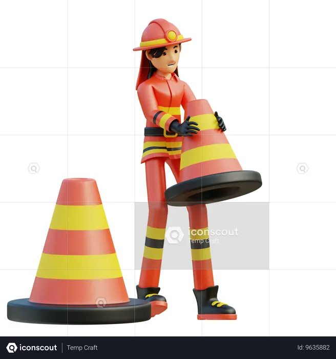 Female firefighter moves the cone  3D Illustration