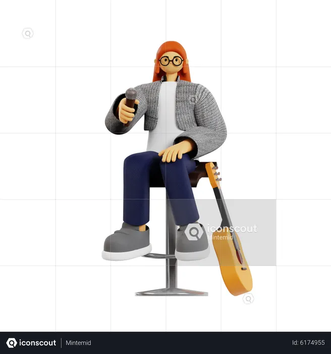 Female guitarist sing song  3D Illustration