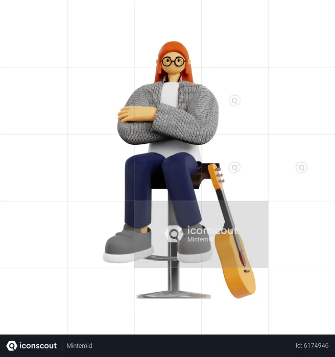 Female guitarist sitting with folded arms  3D Illustration