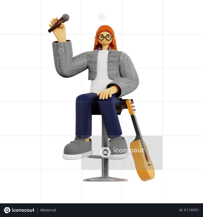 Female guitarist with mic  3D Illustration