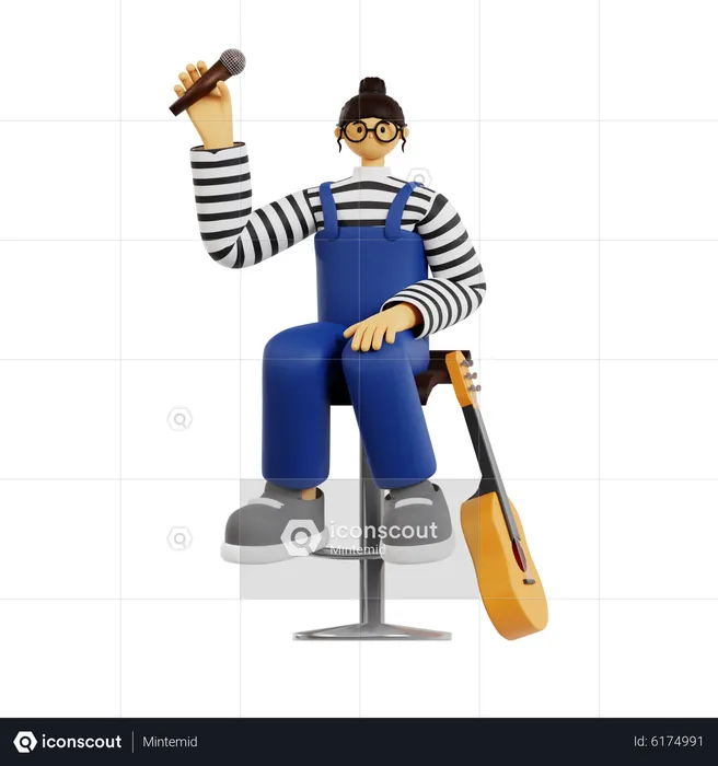 Female guitarist with mic  3D Illustration